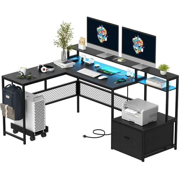 L Shaped Desk with Drawers, 66" Home Office Desk with Power Outlet and Led Strip, Reversible Computer Desk with Storage Shelves & Monitor Stand, Large Corner Desk Gaming Desk, Black