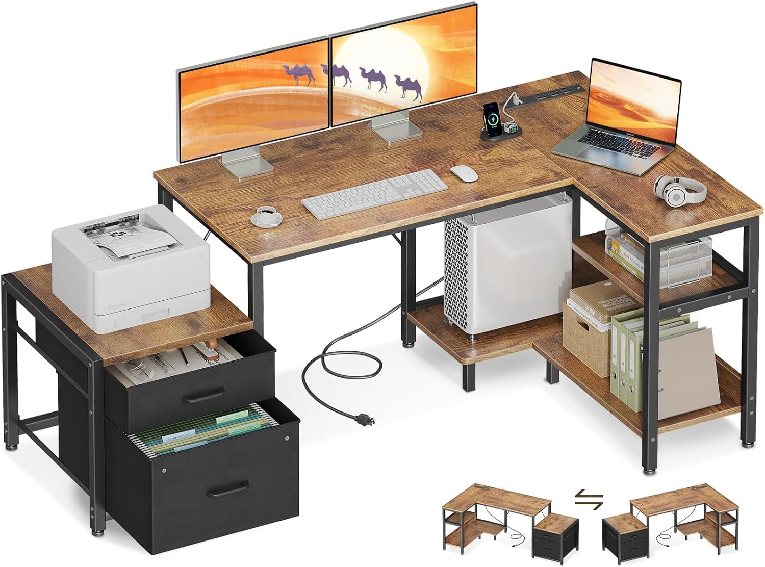 L Shaped Desk with Drawers & File Cabinet, Reversible Computer Desk ...