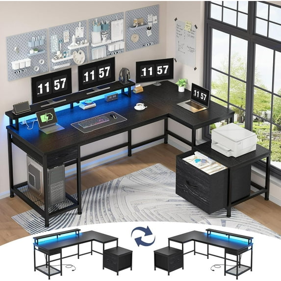 L Shaped Desk with Drawers & Printer Storage Shelves for Home Office, Large Reversible Computer Desk with LED Lights & Power Outlets, Office Desk with Monitor Shelf, Black