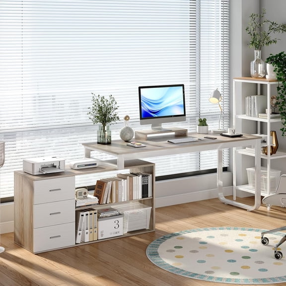 L Shaped Desk with Drawers and Shelves, 55" Office Desk with Storage, Removable Monitor Stand, Reversible L Shaped Desk, Corner Desk for Bedroom,Home Office, White & Walnut