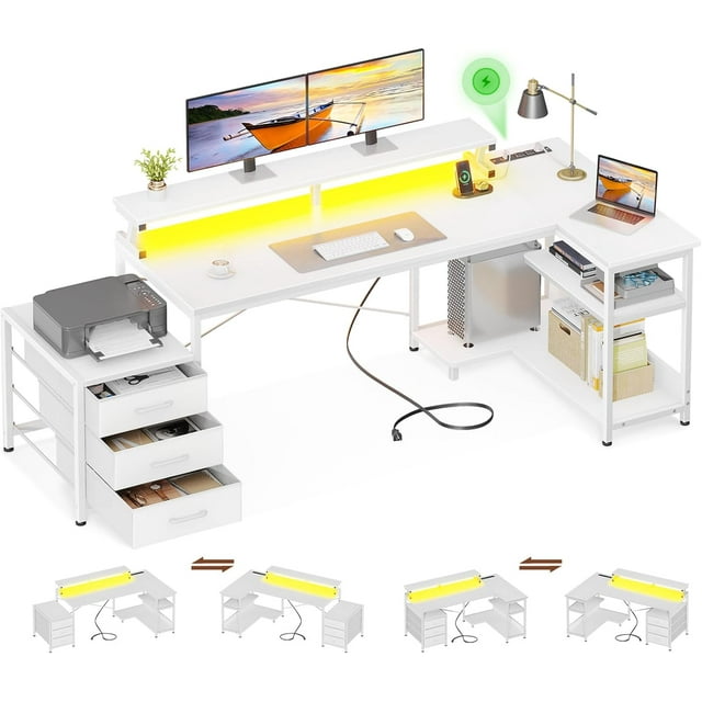 LShaped Desk with Fabric Drawers Reversible Computer Desk with LED