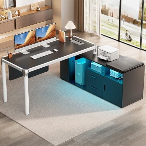 L Shaped Desk with File Cabinet and Outlet, Reversible Corner Computer Desk with LED Lights, Large Home Office Desk with Drawers, Soft Cushion, Black$$Home Decor, Kitchen, & Other