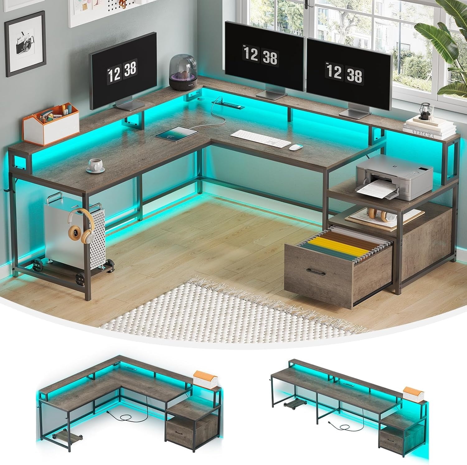 L Shaped Desk with Drawer and Power Outlet, 66" Home Office Desk Corner Computer Desk with Monitor Shelf, Printer Storage Shelves, Gaming Desk with Led Lights, Two Person Desk, Walnut