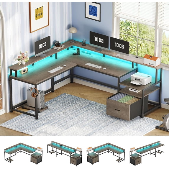 L Shaped Desk with Drawer and Power Outlet, 66" Home Office Desk Corner Computer Desk with Monitor Shelf, Printer Storage Shelves, Gaming Desk with Led Lights, Two Person Desk, Walnut