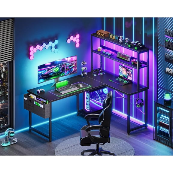 L Shaped Desk Gaming Desk with LED Light & Power Outlet, 43 Inch Reversible L Shaped Computer Table with Shelf, Corner Desk with Storage Bag&Hook for Home Office Desk, Black