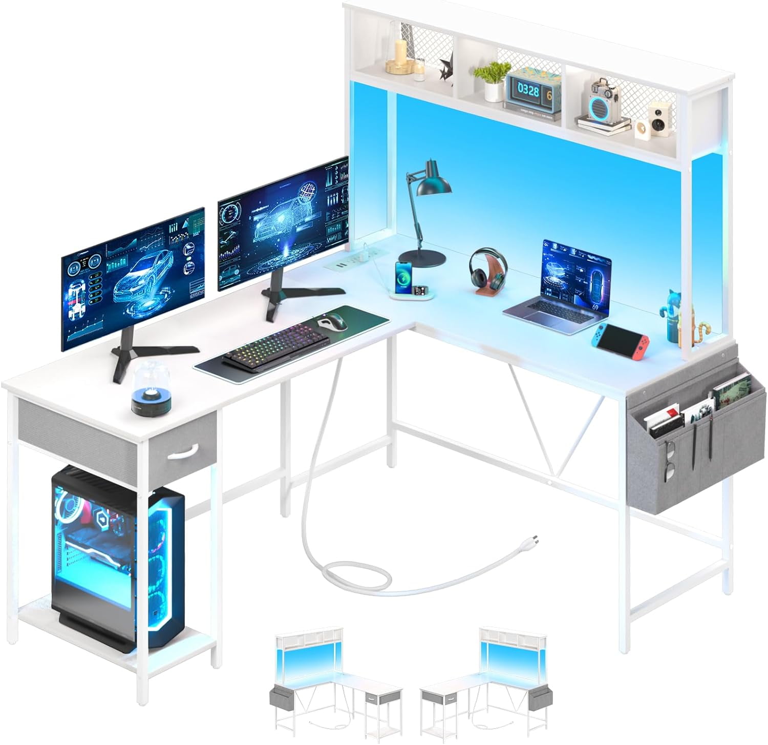 L Shaped Desk Gaming Desk with LED Strip & Power Outlet Reversible L