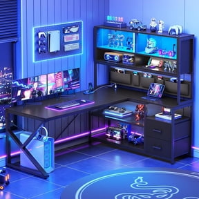 SEDETA L Shaped Gaming Desk, Home Office Computer Desk with 2 Drawer and Bookshelf, L Shaped Gaming Desk with LED Light, Glass Cabinet and Storage Bag, Corner Desk with Storage Shelves, Black