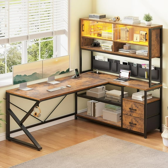 SEDETA L Shaped Desk with Ample Storage, Gaming Desk with LED Lights & Power Outlets, Home Office Desk with Drawers, Glass Cabinets & Open Shelves, Corner Desk with Spacious Desktop, Rustic Brown
