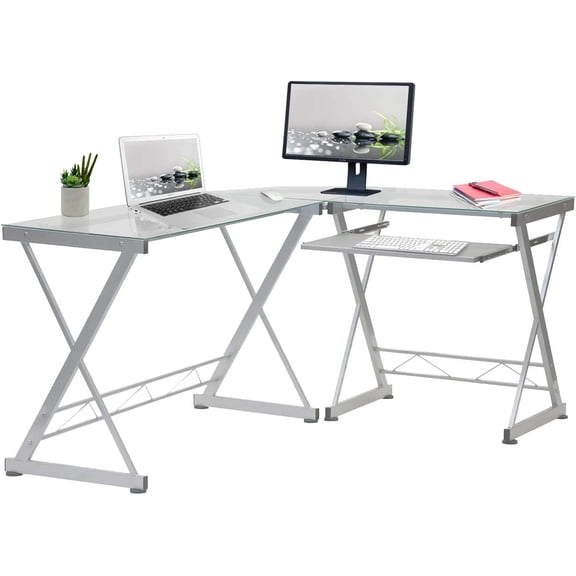 L Shaped Desk with Keyboard Tray - Efficient Work from Home Desk - Glass L Shaped Desk - Professional Work Desk for Home Office - Versatile Glass Corner Desks for Home Office