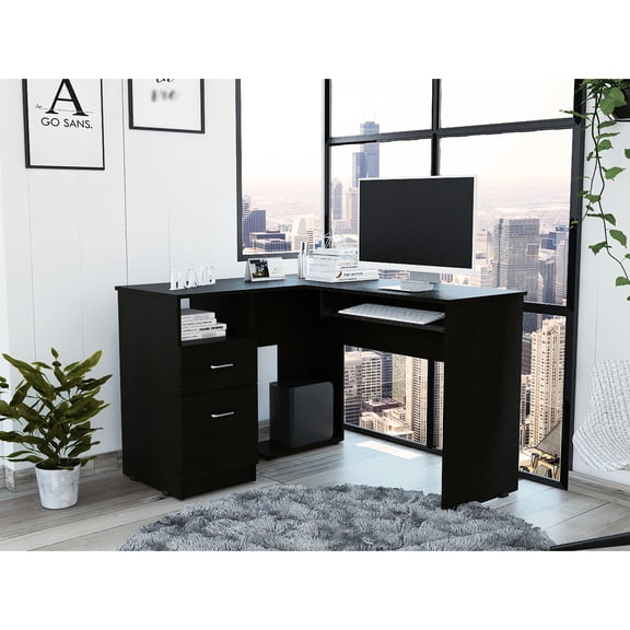 L-Shaped Desk with Keyboard Tray | Ideal for Wall Placement, Safe Keyboard Keeping | Particle Board Main, Durable Handles | Resolves Lack of Space for Keyboard