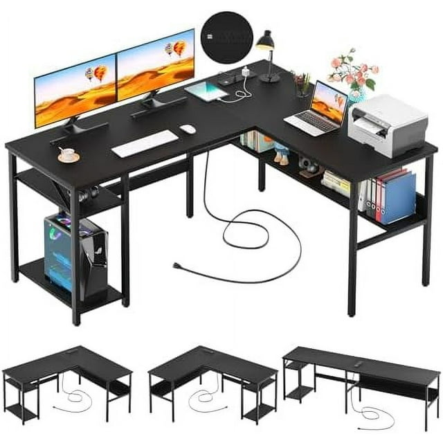 L Shaped Desk with LED Strip and Power Outlets Reversible Corner