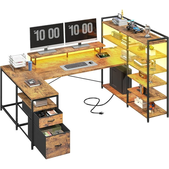 L Shaped Desk with Monitor Stand, 63'' Reversible U Shaped Office Desk with 6 Tire Storage Shelves & 2 Fabric Drawers, Gaming Desk with Power Outlet & LED Strip, Rustic Brown