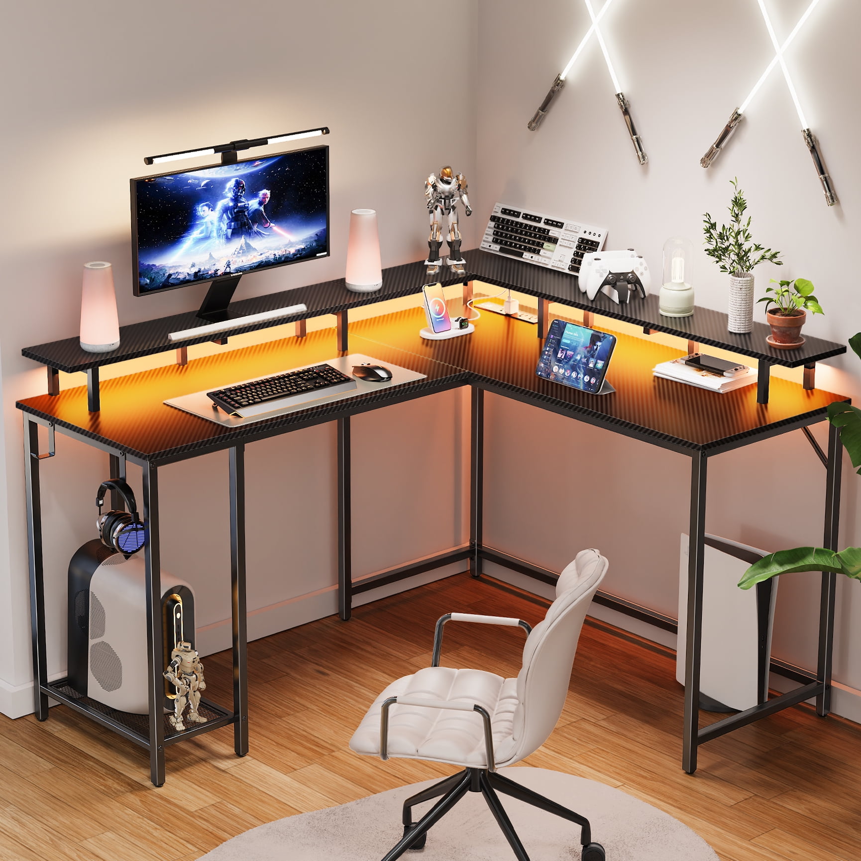 Gaming Desk with LED Light, L Shaped Computer Desk with Outlets, Corner ...