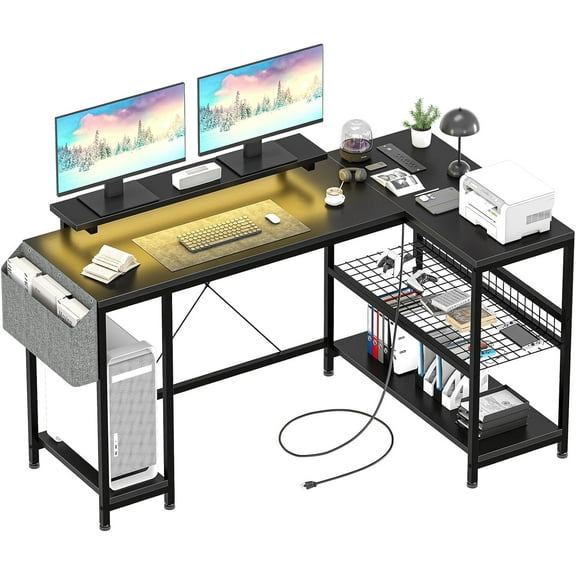 L-Shaped Desk with Power Outlet & LED Light - Reversible Computer Gaming Desk with Monitor Stand, Storage Shelves, and Storage Bag for Home Office Use