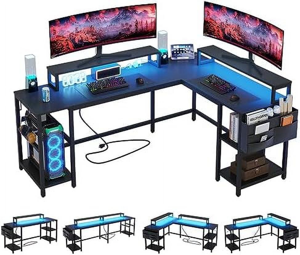 L Shaped Desk with Power Outlet and LED Strip, 94'' Reversible Corner ...