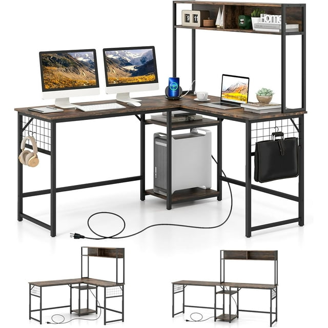 LShaped Desk with Power Outlet Large Corner Desk Converts to 2Person
