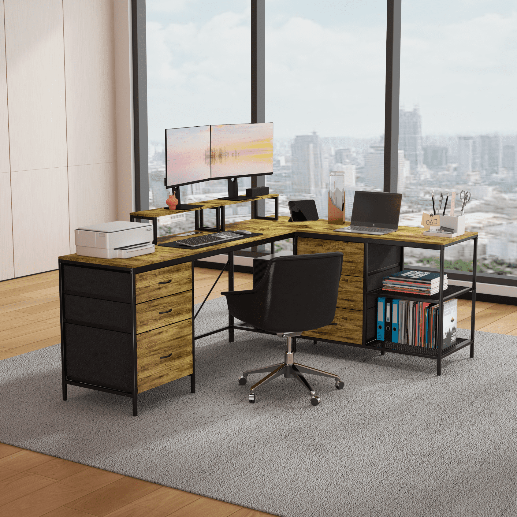 L Shaped Desk with Power Outlets and 6 Fabric Drawers, 77" Corner Computer Desk with Movable Monitor Stands and 3 Open Shelves, Heavy Duty Gaming Table for Home, Brown