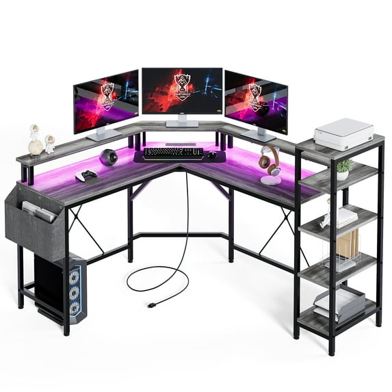 L Shaped Desk with Power Outlets & LED Lights, 62" Computer Desk with Full Monitor Stand & Storage Shelves, Corner Desk Gaming Desk, Ergonomic Home Office Desk