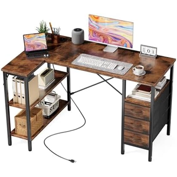 L Shaped Desk with Shelf Drawers 47 Inch, Brown Corner Computer Desks Gaming with Power Outlet, Study Table with Adjustable Shelves, Home Office Tables for Bedroom Teacher Reading Writing