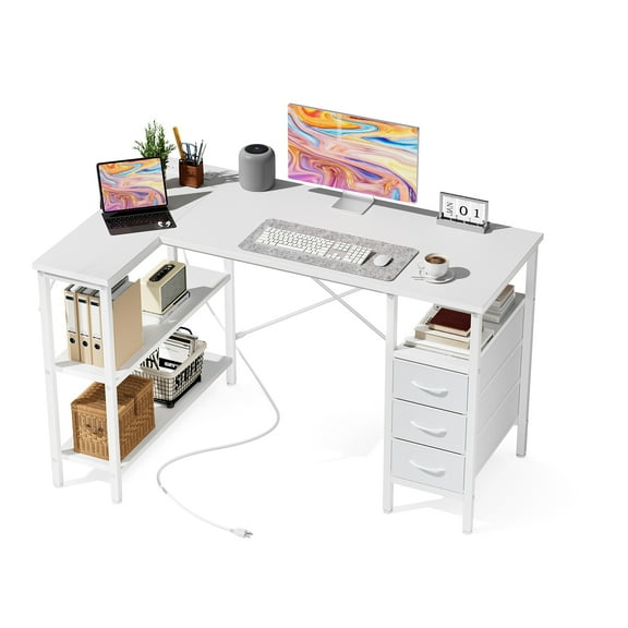 L Shaped Desk with Shelf Drawers 47 Inch, Corner Computer Desks Gaming with Power Outlet, Study Table with Adjustable Shelves, Home Office Tables for Bedroom Teacher Reading Writing