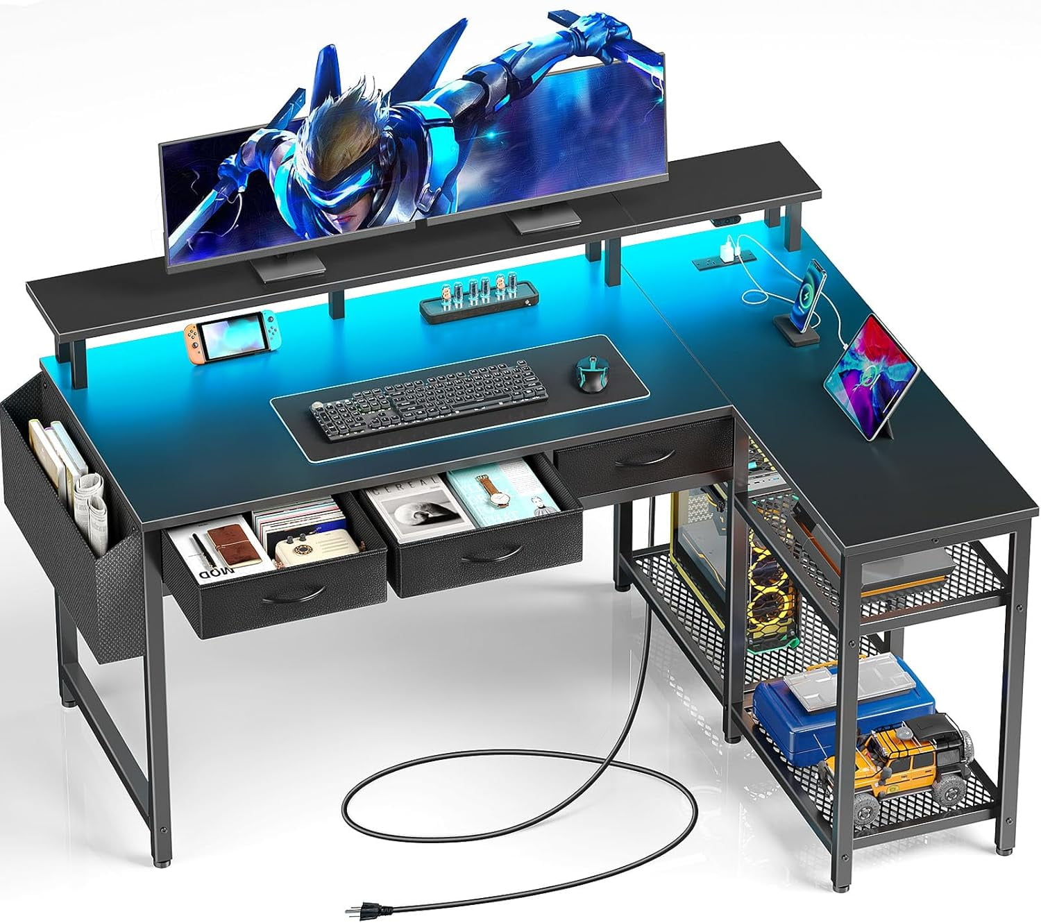 L Shaped Desk with Storage Drawers 47 inch Gaming Desk with Shelves