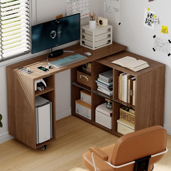 L-Shaped Desk with Storage–Small Study Table with Charging Station, Rotating Writing Desk & Corner Computer Desk for Home Office, 67” Long Bed Side Table（Oak）