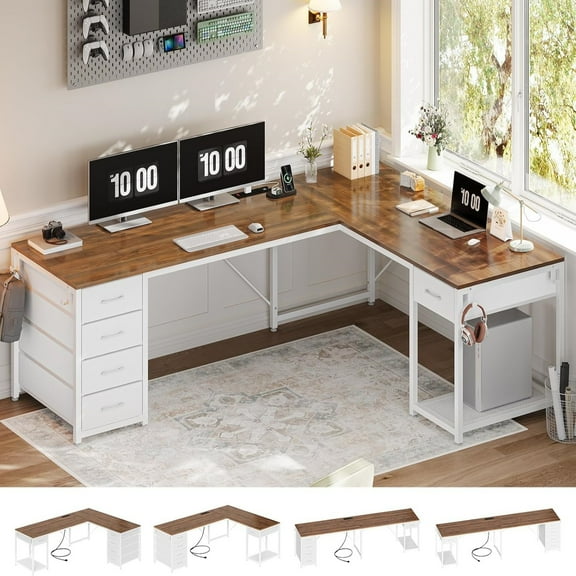 L Shaped Desk with Storage, Two Person Desk with Power Outlets & Spacious Desktop, Corner Computer Desk with 5 Drawers & Open Shelf for Home Office, White & Brown Top