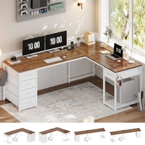 L Shaped Desk with Storage, Two Person Desk with Power Outlets & Spacious Desktop, Corner Computer Desk with 5 Drawers & Open Shelf for Home Office, White & Brown Top