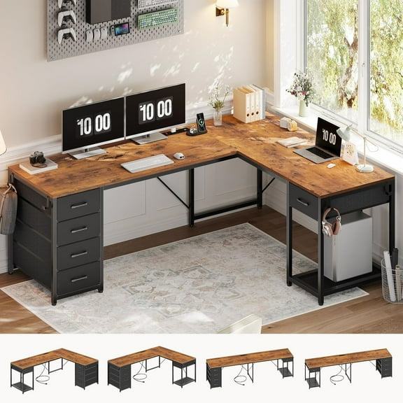 L Shaped Desk with Storage, Two Person Gaming Desk with Power Outlets & Spacious Desktop, Corner Computer Desk with 5 Drawers & Open Shelf, Rustic Brown