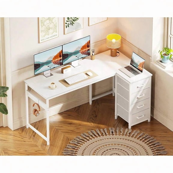 L Shaped Desk With 4 Drawers, 40" Small Corner Computer Desk With Storage, Reversible Kids Study Table With Hook, Work Table For Home Office, Black