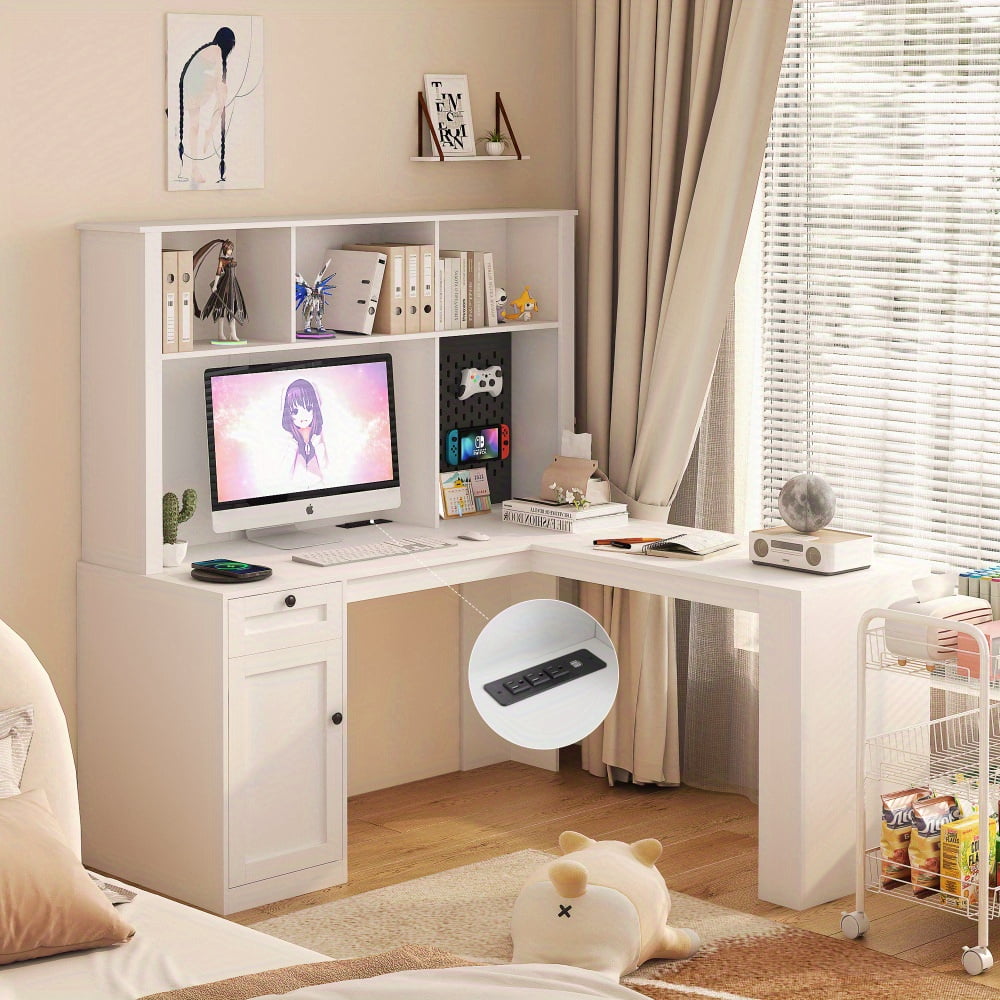 White L-Shaped Computer Desk with Hutch and Power Outlet