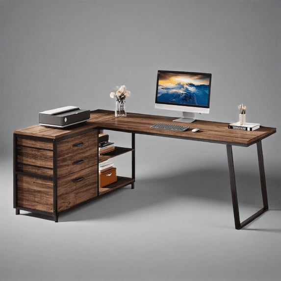 L-Shaped Desk with 3 Drawers & 2-Tier Shelves - 53"W×39.37"D×29.53"H, Reversible Workstation, 250lb Capacity - for Home Office & Gaming