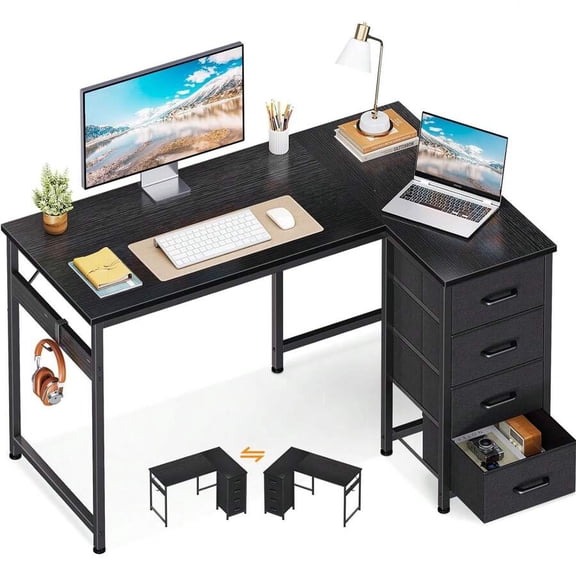 L-Shaped Desk with 4 Drawers - 40-Inch Small Black Corner Computer Desk with Storage, Reversible Kids Study Table with Hook for Home Office