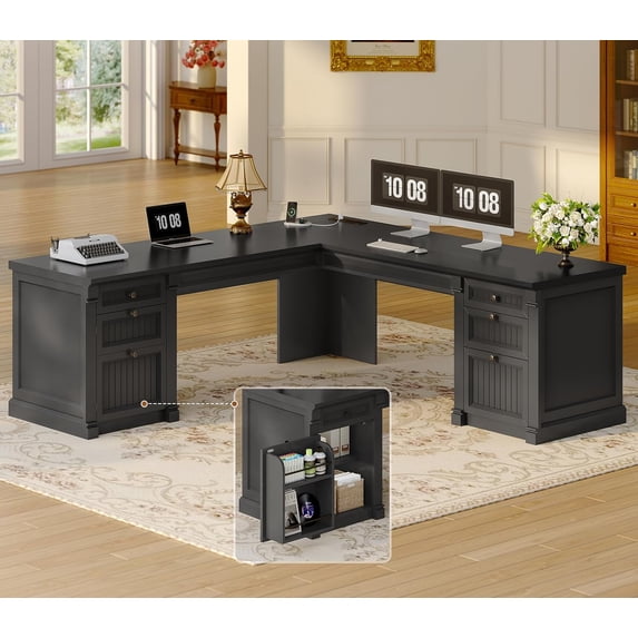L Shaped Desk with 4 Drawers and Storage Cabinet, Corner Computer Desk for Home Office, Executive Desk