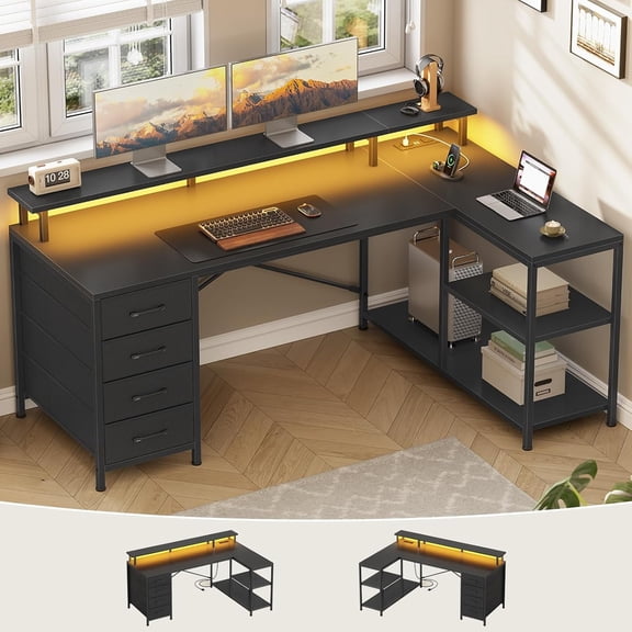 HLDIRECT L Shaped Computer Desk with Drawers & Storage Shelves, 47 inch ...