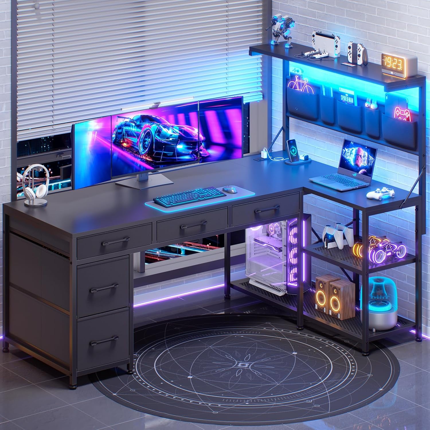 L Shaped Desk with 5 Fabric Drawers and Hutch, 47.2" Reversible Computer Desk with LED Lights for Home Office