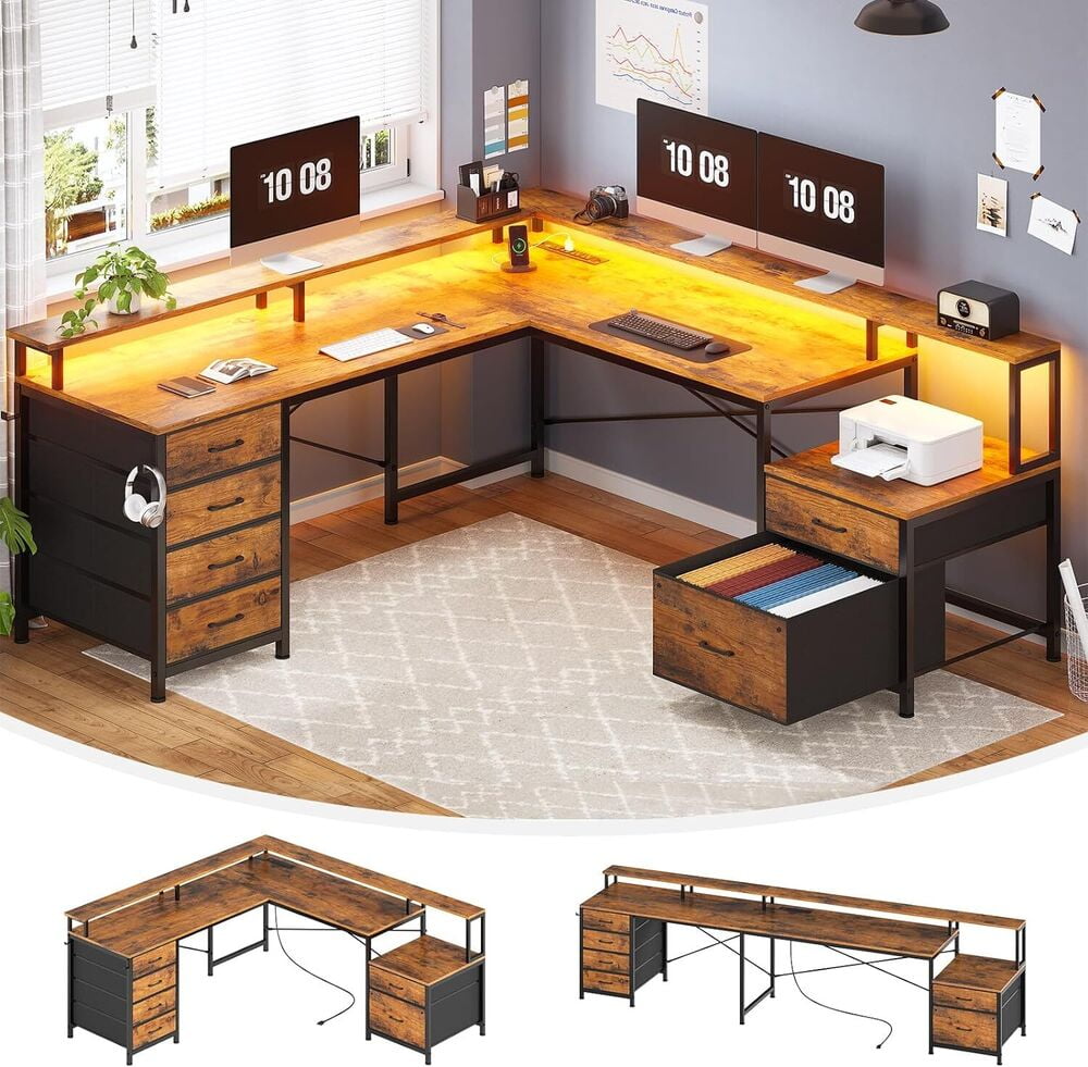 White L-Shaped Corner Computer Desk with Drawers and USB Ports