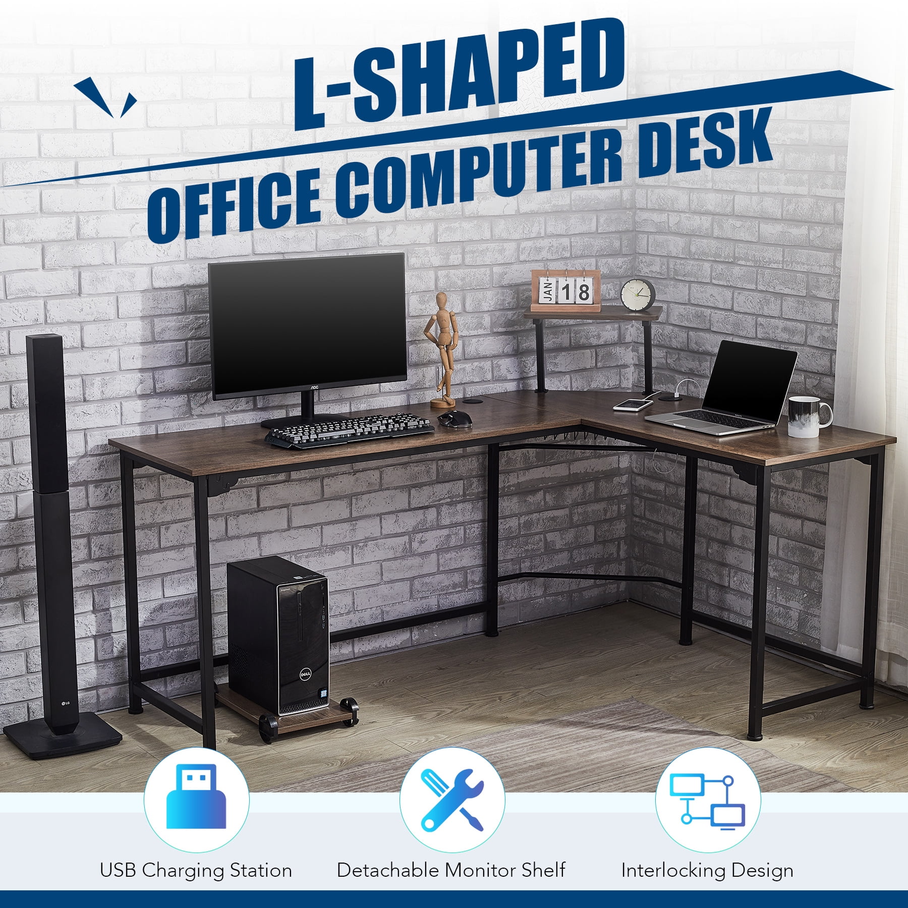 L Shaped Desk with Computer Tower Shelf USB Ports Cable Management Walnut