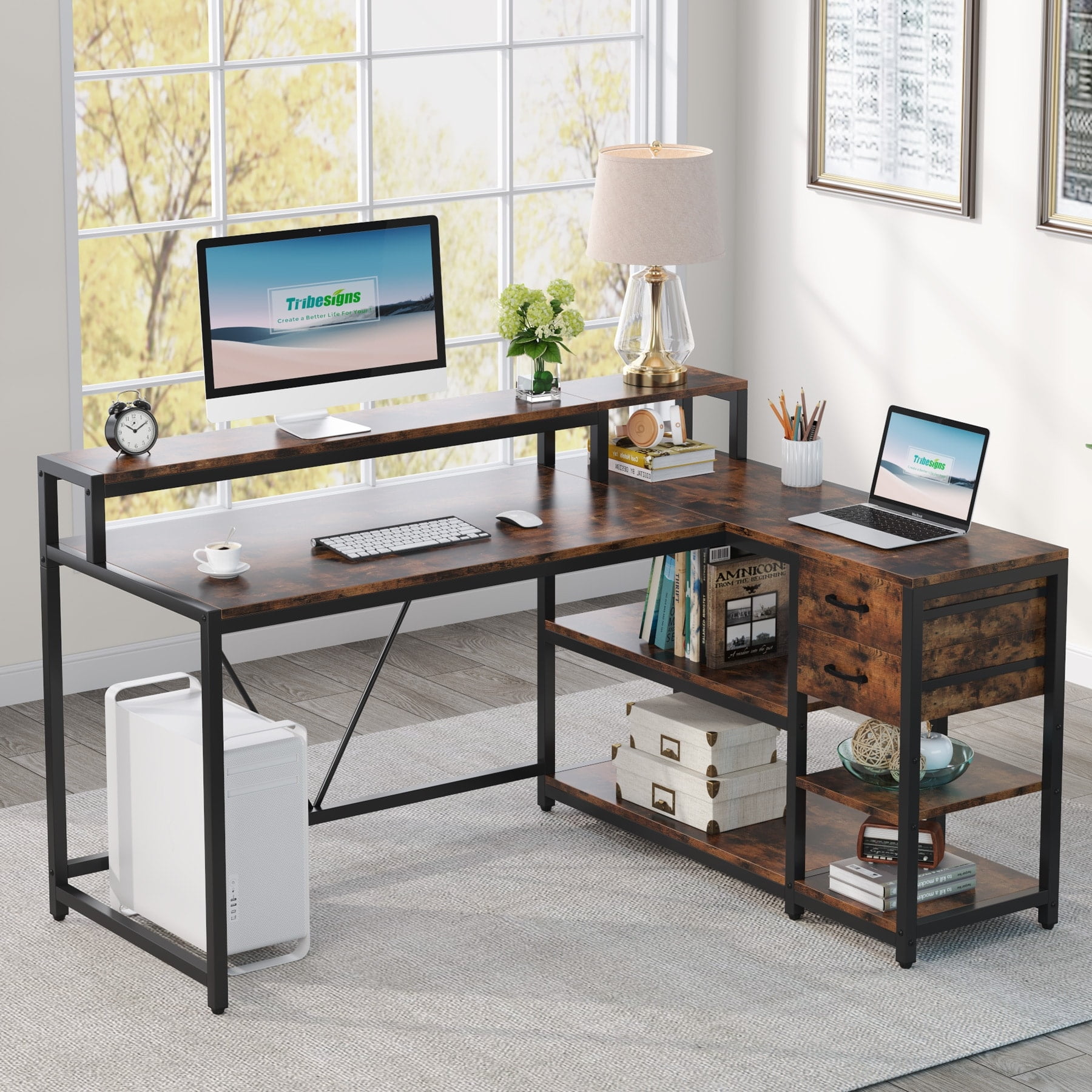 L Shaped Desk with Drawer, Home Office Corner Desk, Computer Desk with Shelves, Rustic PC Desk - Walmart.com L Shaped Desk with Drawer, Home Office Corner Desk, Computer Desk with Shelves, Rustic PC Desk - Walmart.com