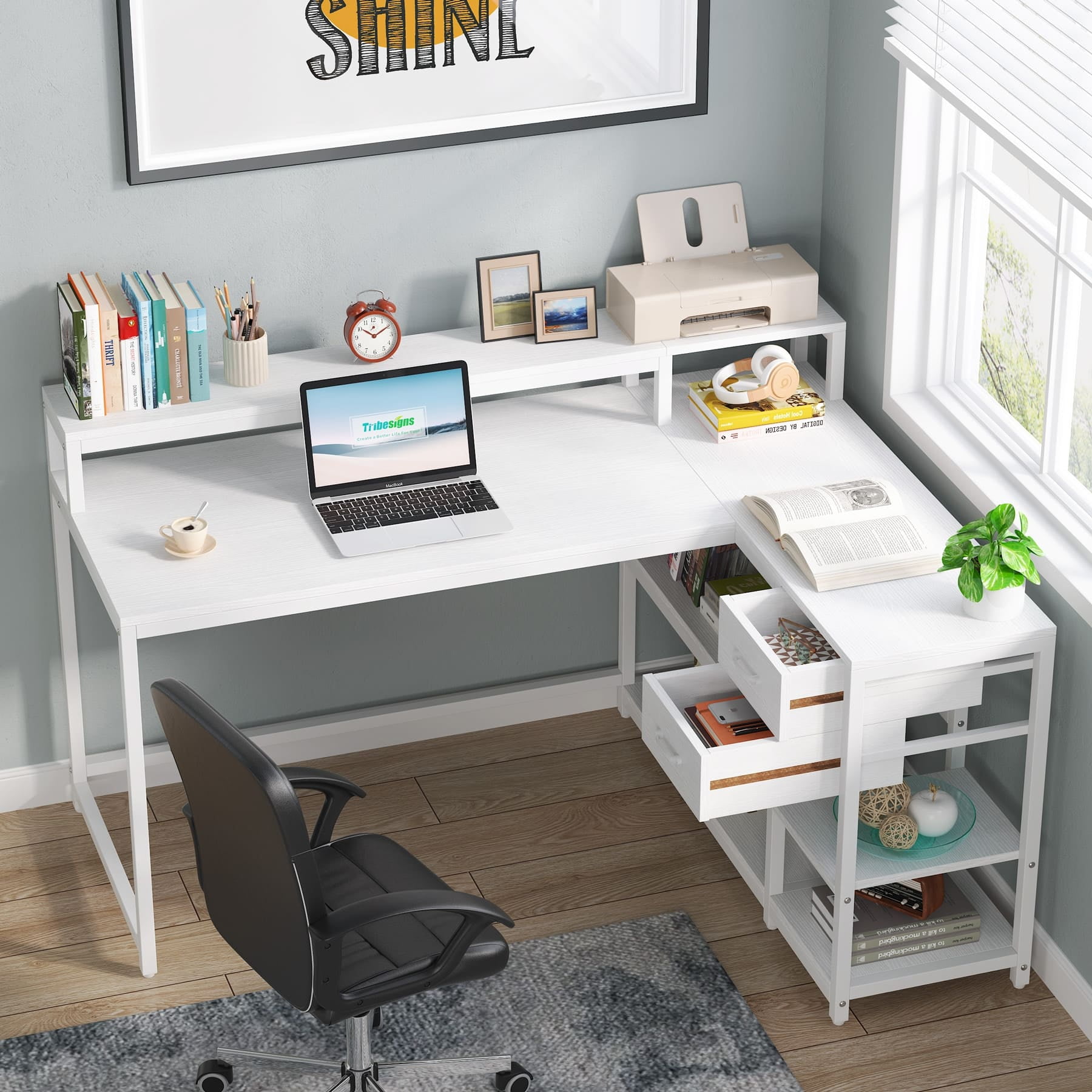 L Shaped Desk with Drawer, Home Office Corner Desk with Storage Shelves and Monitor Stand, Rustic PC Desk for Small Space White L Shaped Desk with Drawer, Home Office Corner Desk with Storage Shelves and Monitor Stand, Rustic PC Desk for Small Space White