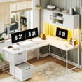 thumbnail image 1 of L Shaped Desk with Drawers,62.2" LED Home Office Desk with Hutch,Storage Shelves,White, 1 of 8