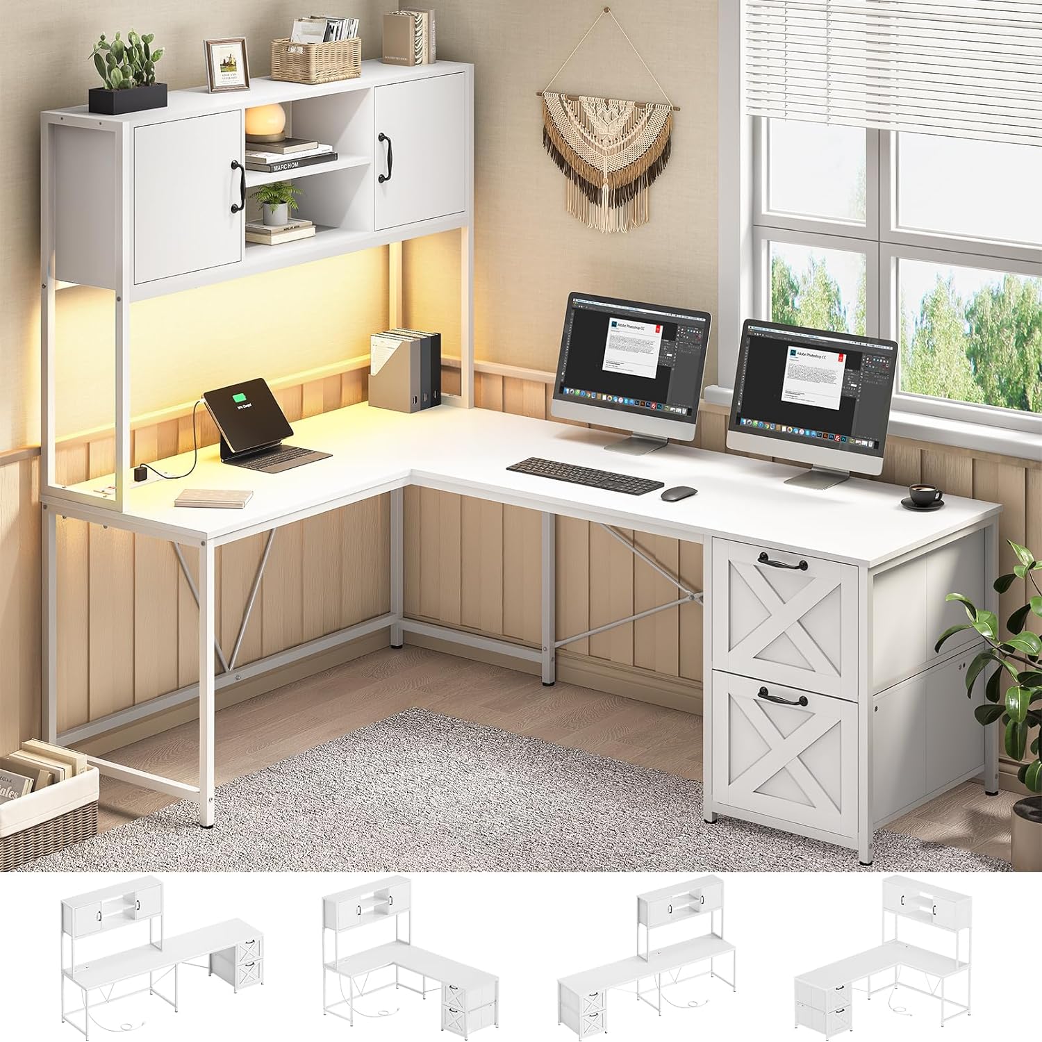 L Shaped Desk with Fabric Drawers and Power Outlet, Home Office Desk