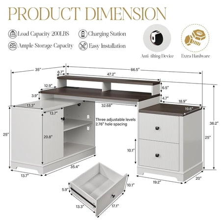 L Shaped Desk with Fluted Panel Design Drawers, 67 Inch Corner Office Desk with File Drawer and Built-in Power Outlets for Home Office, White