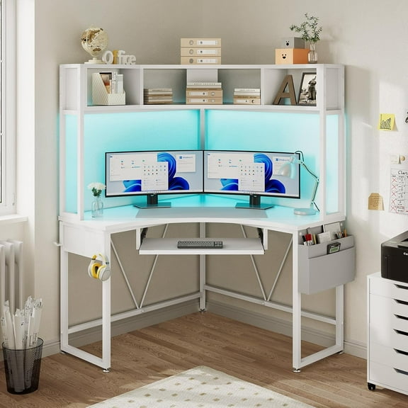 L Shaped Desk with Hutch & Keyboard Tray, Corner Computer Desk with Storage Bag for Home Office, Writing Study Desk