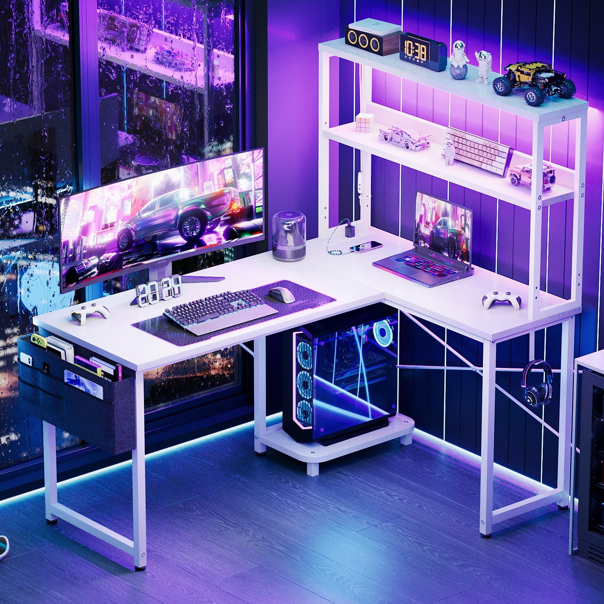 94.5 Inch L-Shaped Home Office Desk with LED Storage Shelves