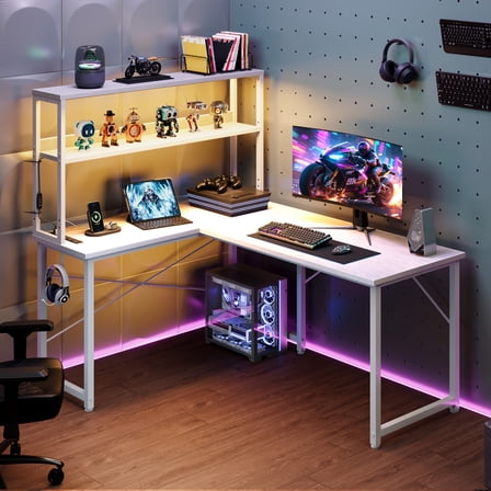Casacomoda 43 Inch L Shaped Desk with LED Light & Power Outlet, Reversible L Shaped Computer Table with Shelf & Hook for Home Office, White