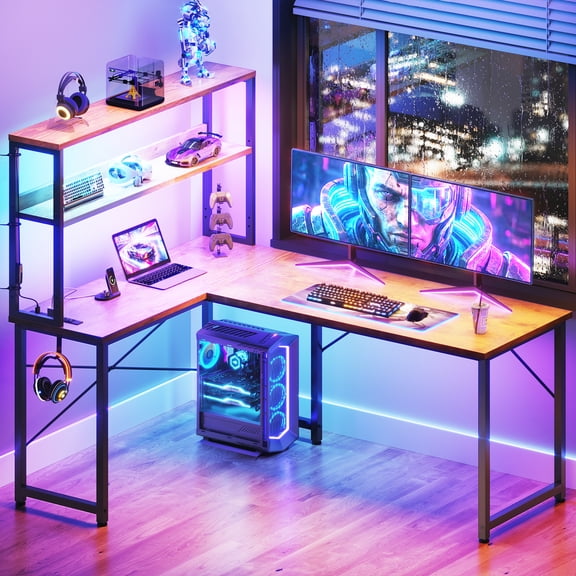 Casacomoda 53 Inch L Shaped Desk with LED Light & Power Outlet, Reversible L Shaped Computer Table with Shelf & Hook for Home Office, Vintage