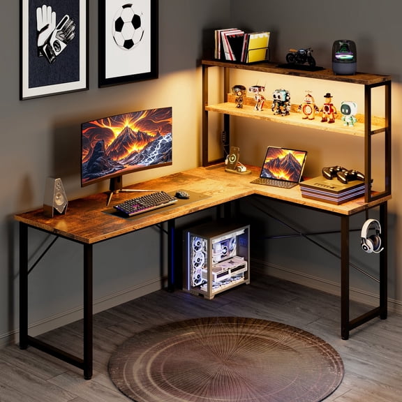Casacomoda 53 Inch L Shaped Desk with LED Light & Power Outlet, Reversible L Shaped Computer Table with Shelf & Hook for Home Office, Vintage