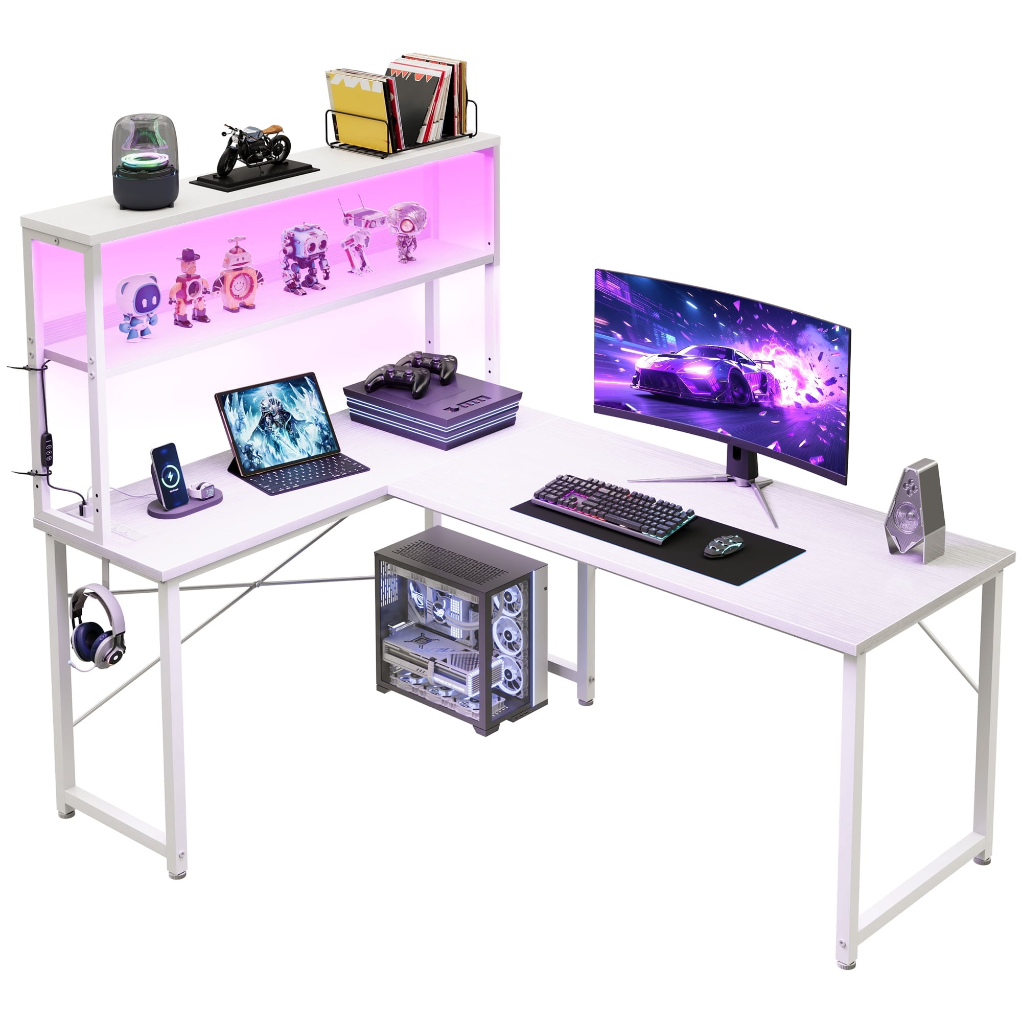Casacomoda 53 Inch L Shaped Desk with LED Light & Power Outlet, Reversible L Shaped Computer Table with Shelf & Hook for Home Office, White