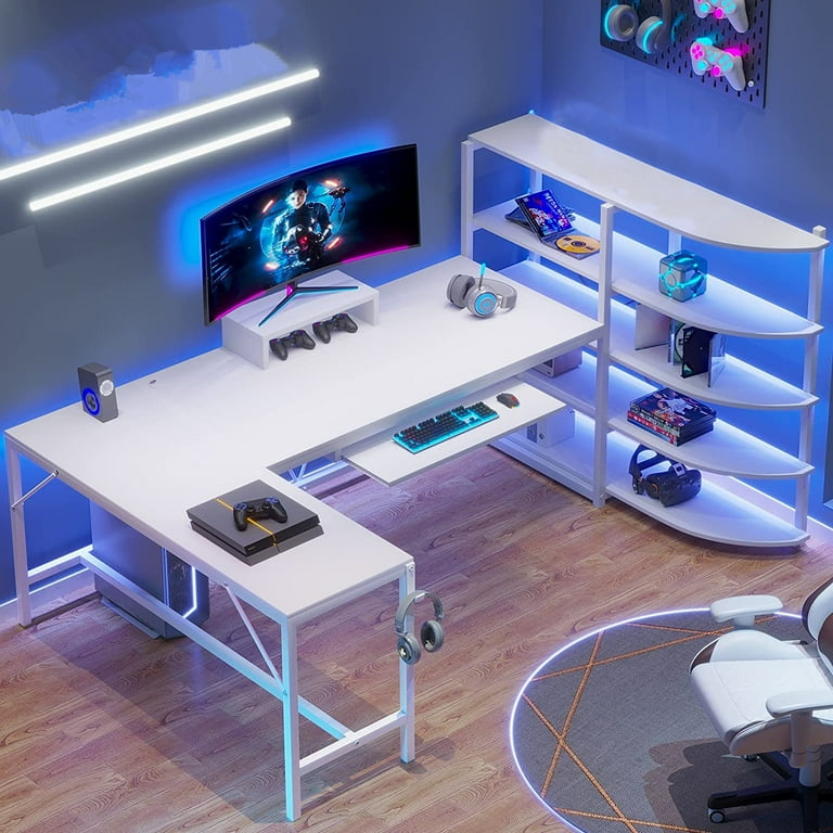 L Shaped Desk with LED Lights 63 Corner Gaming Computer Desk with 5 Tier Storage Shelves and Monitor Stand for Home Office White